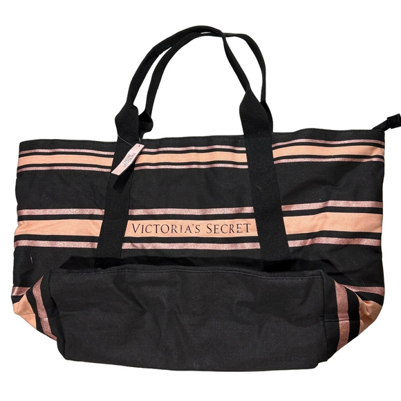 NWT Victorias Secret Black Pink Stripe Cotton Zip Tote Bag - Picture 1 of 11